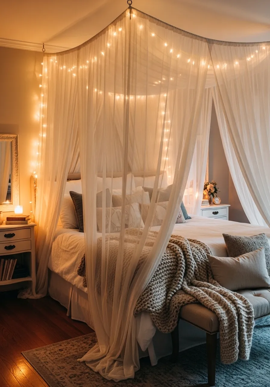 String Lights Canopy Bed