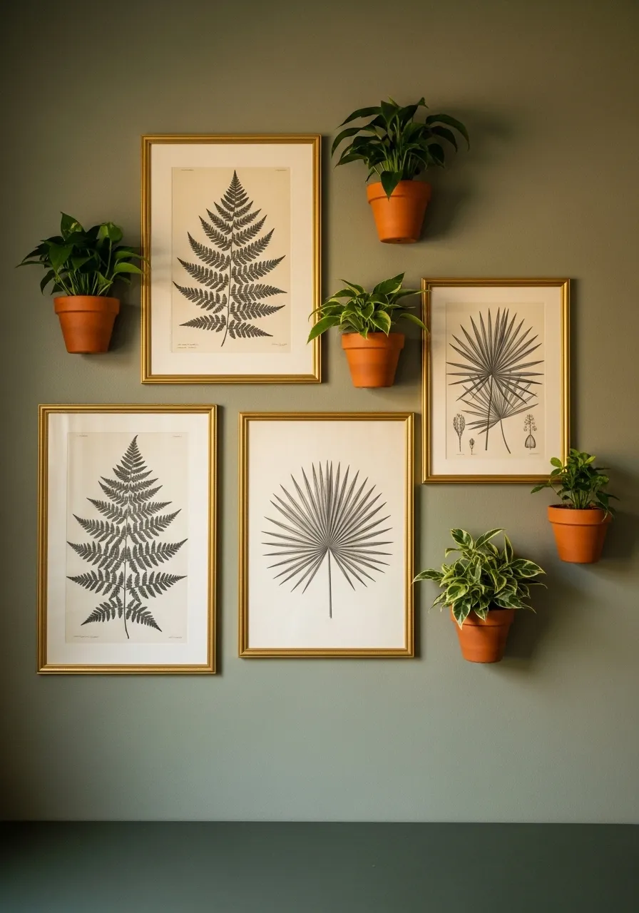 Framed Botanical Print and Real Plant Combo Wall