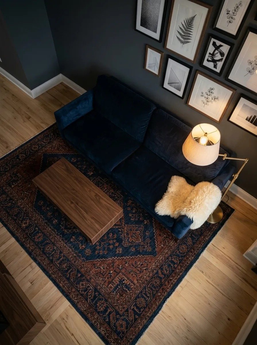 Introduce a Dark Area Rug with Warmth
