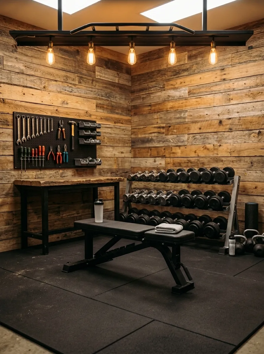 Reclaimed Wood Feature Wall Behind the Workbench