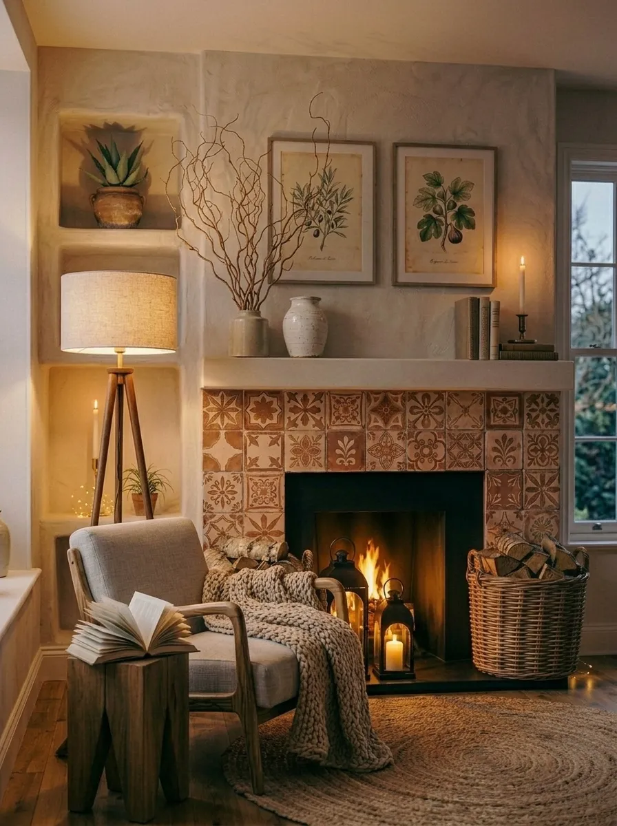 Cozy Reading Nook Beside the Fireplace