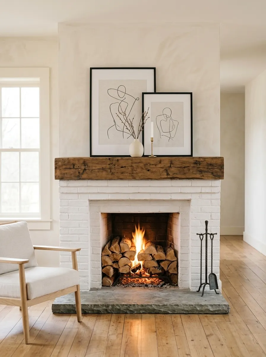 Framed Artwork Layered on the Mantel