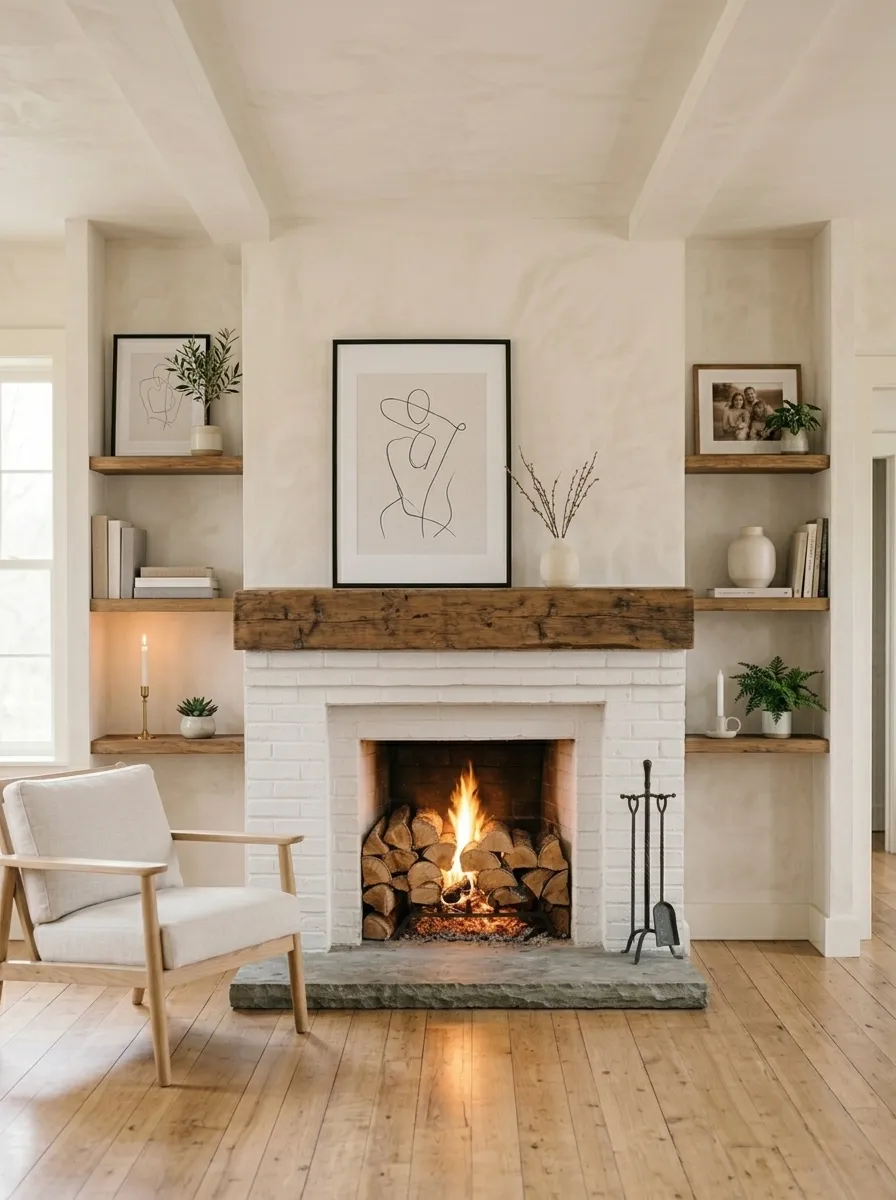 Floating Shelves Flanking the Fireplace