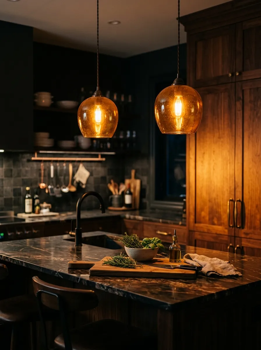 Amber Glass Pendant Lights in the Kitchen
