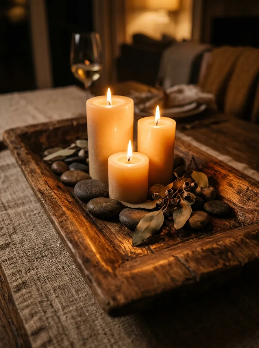 Candle Clusters on a Wooden Tray