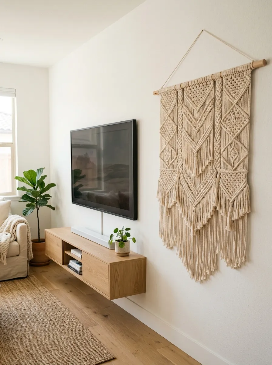 Hang a Woven or Textile Wall Hanging Near the TV