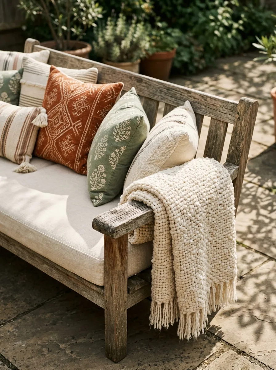 Layer with Outdoor Throw Pillows and Blankets