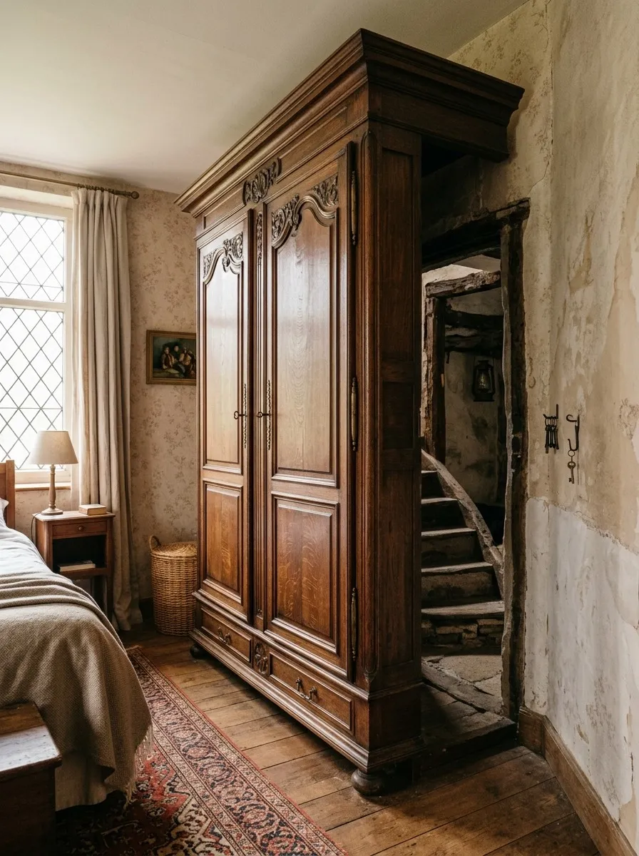 Hidden Door Behind a Freestanding Wardrobe
