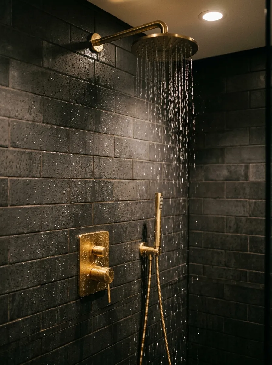 Dark Moody Tile with Gold Fixtures