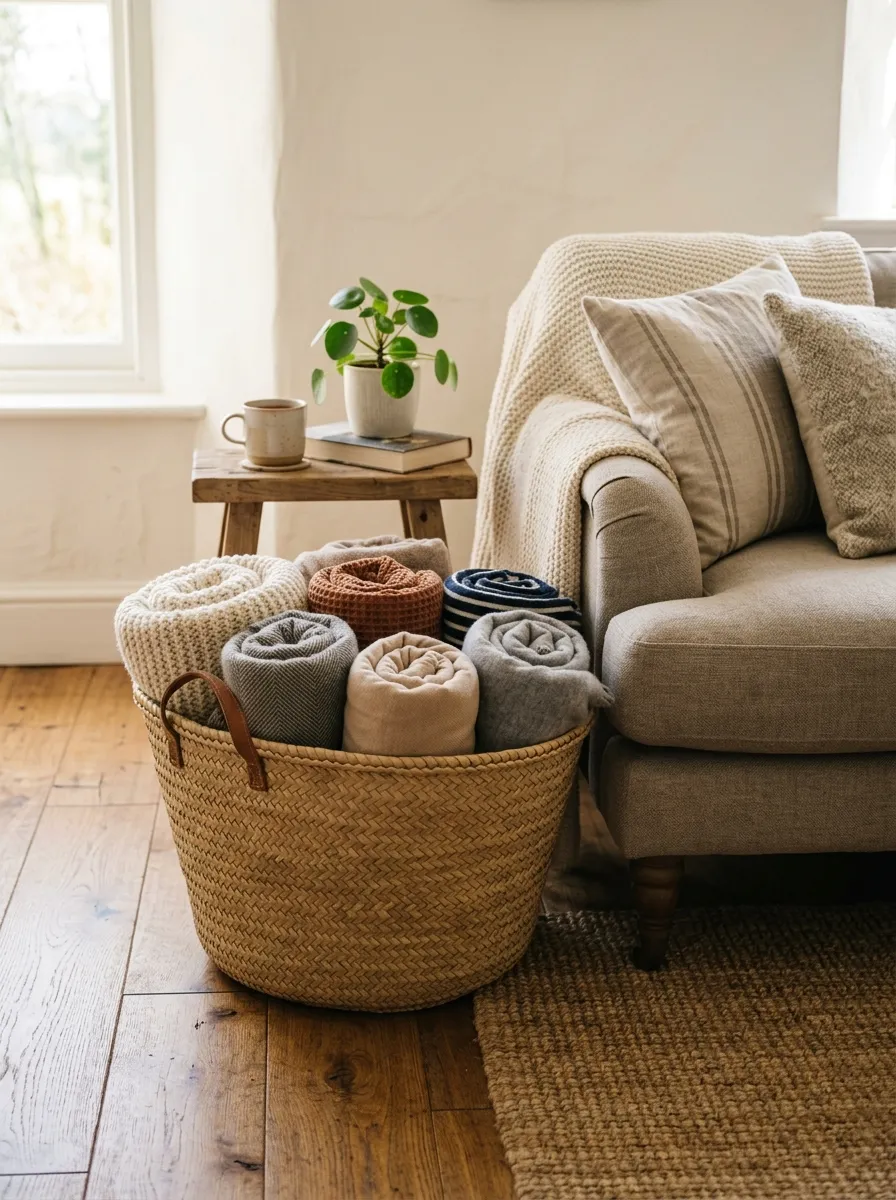Add a Woven Basket for Blanket Storage