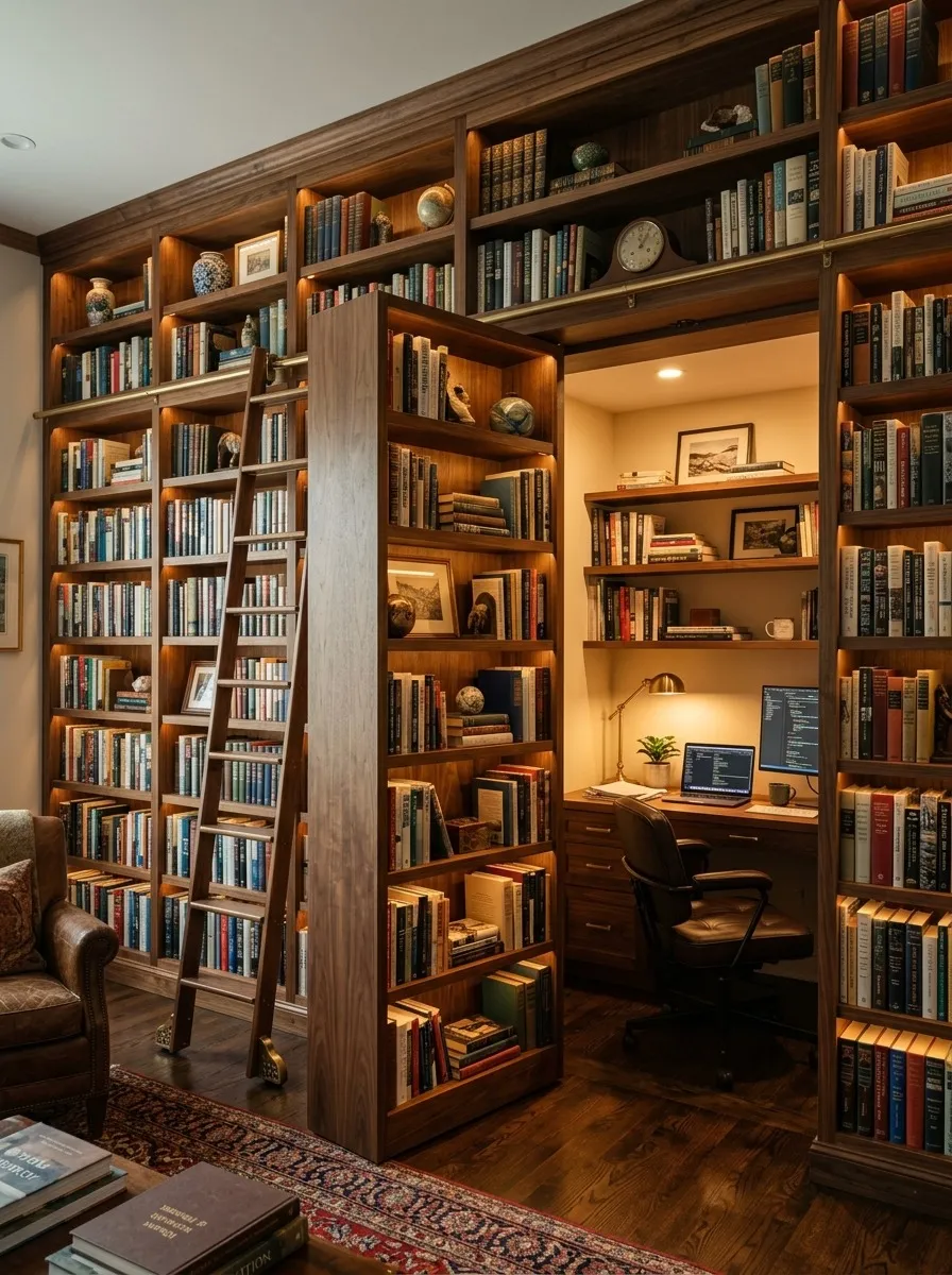 Hidden Door Disguised as a Built In Bookshelf Wall