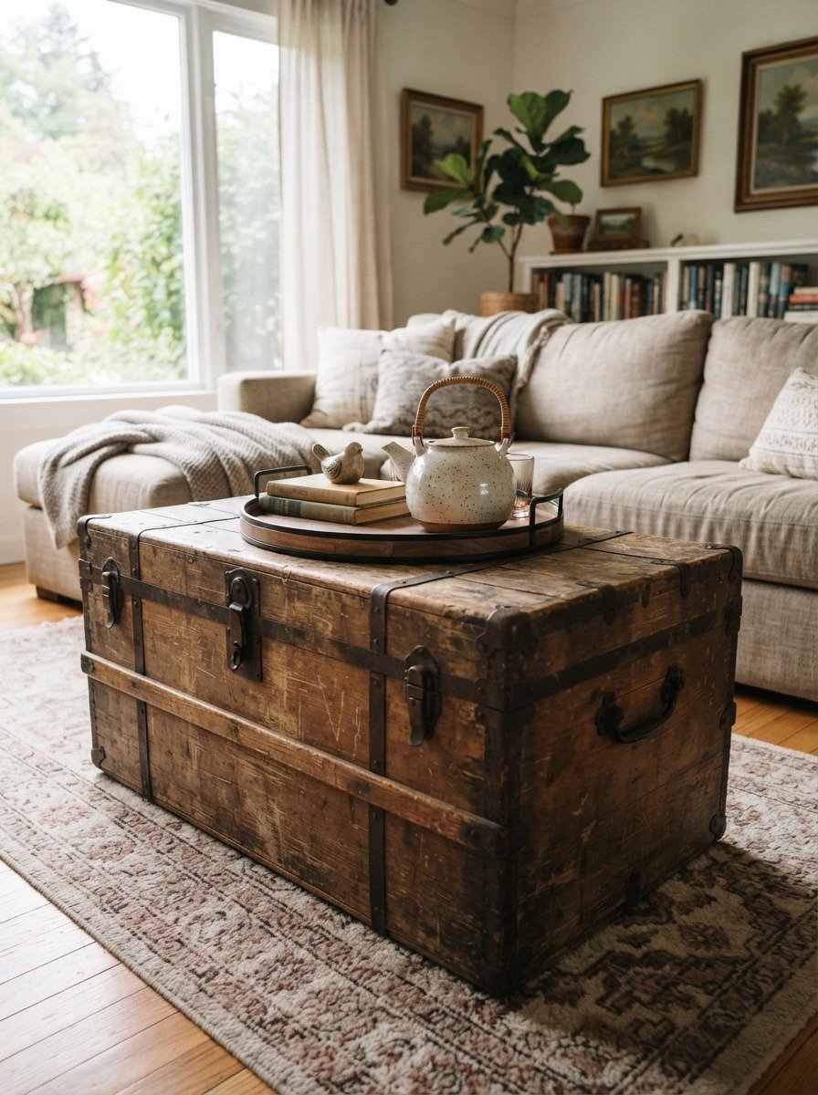 Style a Vintage Trunk as Coffee Table Storage