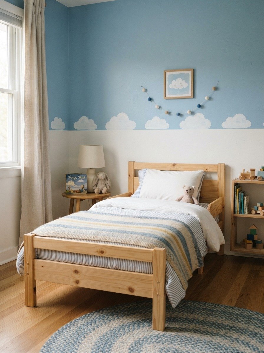 Two Tone Wall in a Kids Bedroom With Cloud Cutouts