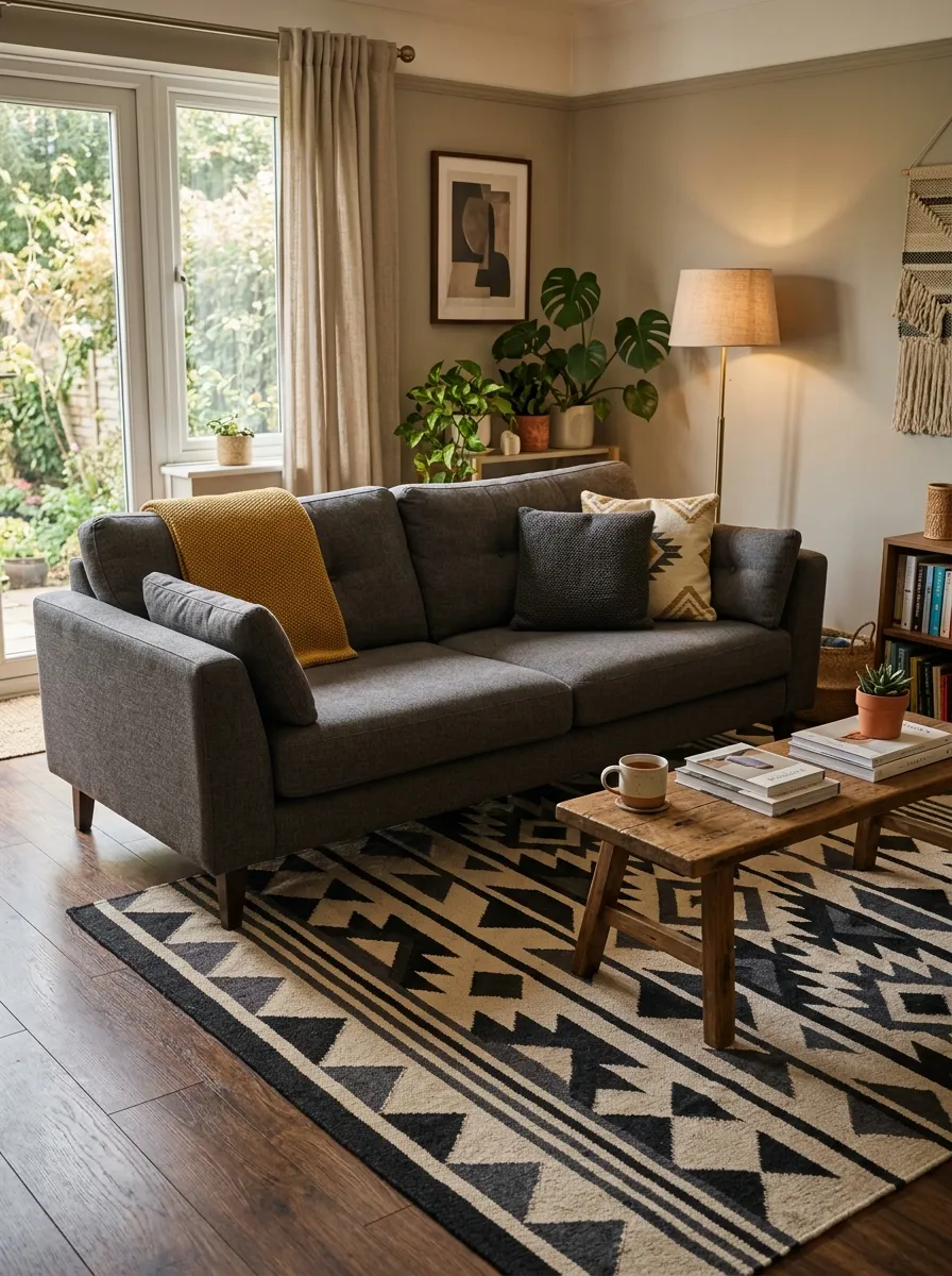 Add a Patterned Rug Beneath a Solid Couch