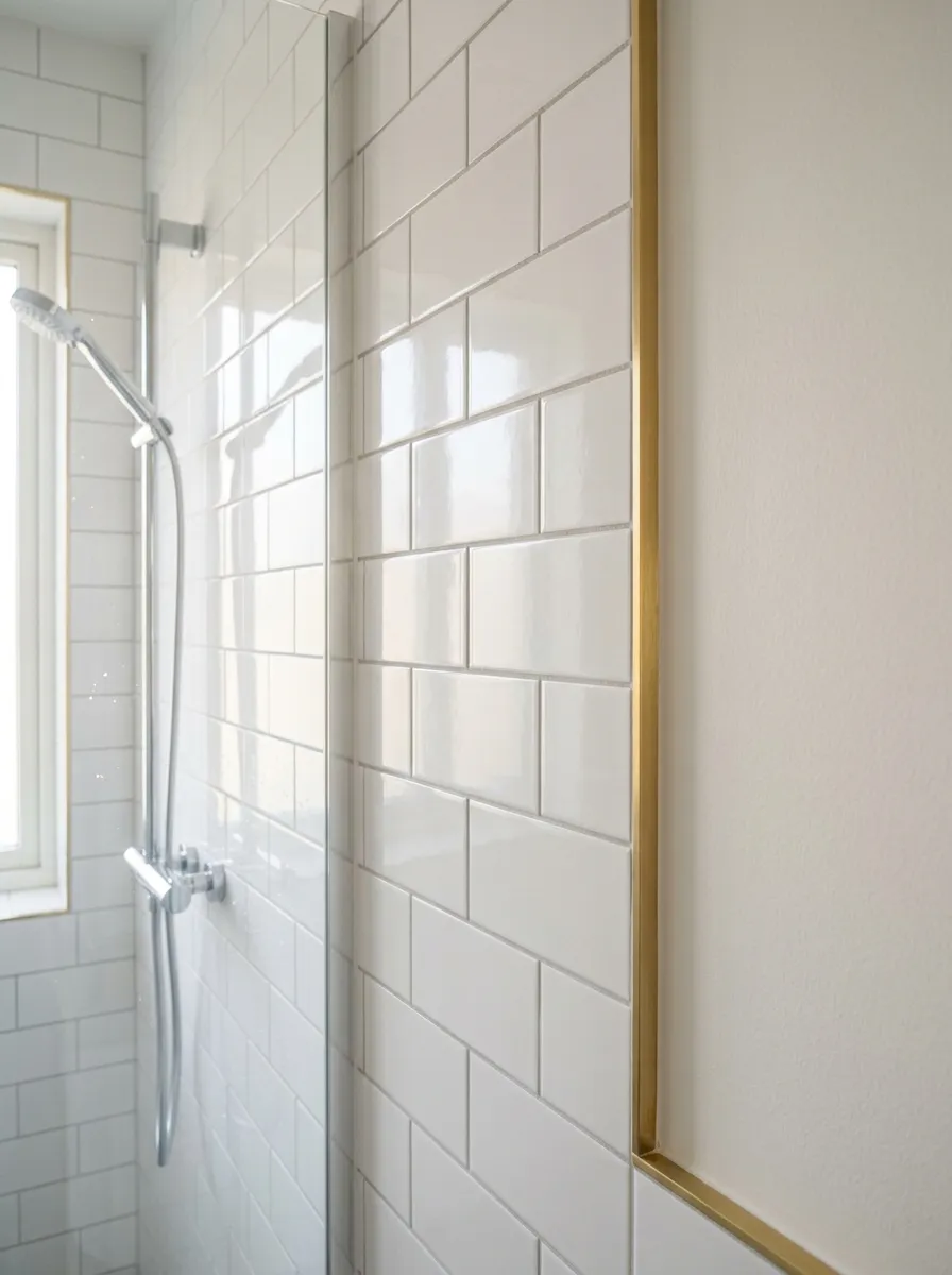 Glossy White Tiles with Brass Trim