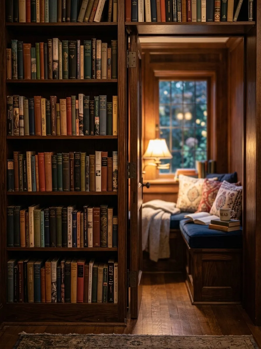 Bookshelf Door That Swings Into a Reading Nook