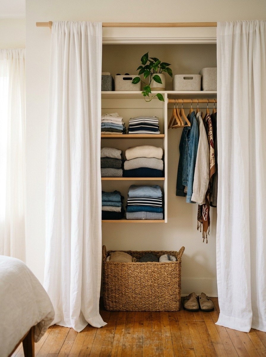 Add White Curtains to a Closet for a Softer Look
