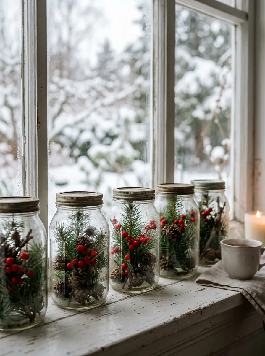 Fill Glass Jars With Winter Greenery