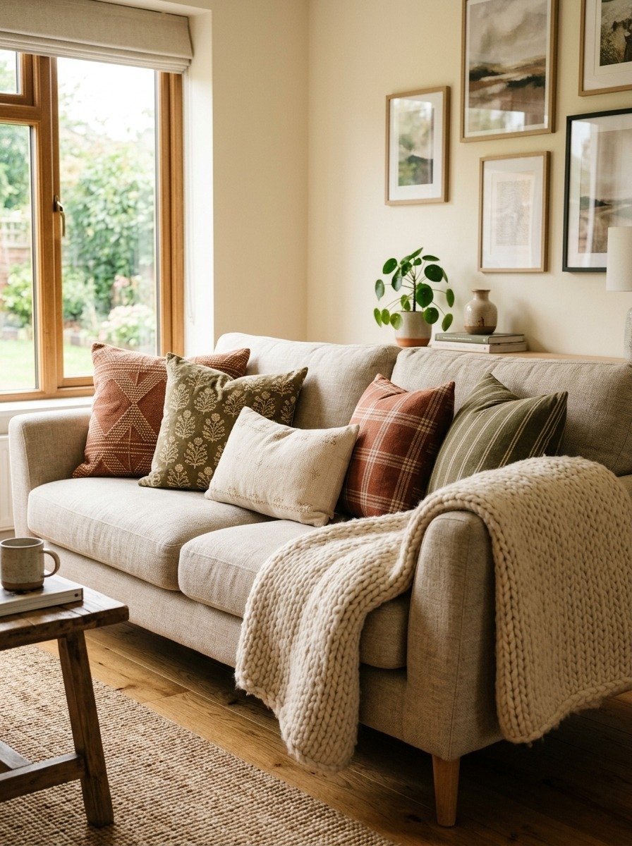 Layered Throw Pillows and Blankets