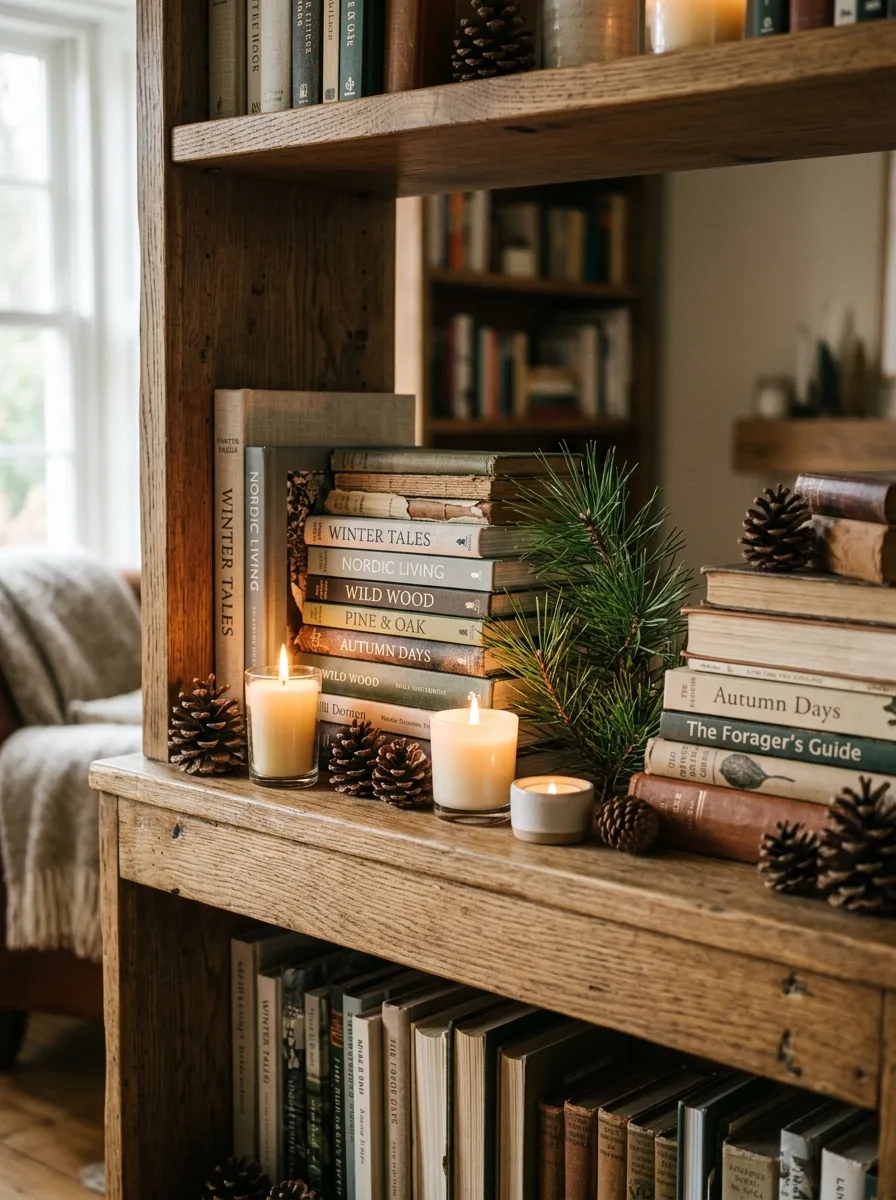 Decorate Bookshelves With Winter Accents