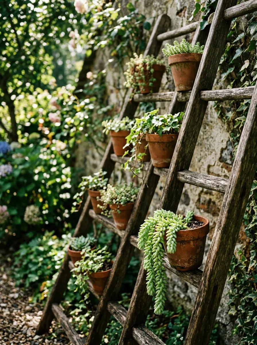 Repurposed Ladder Plant Shelf