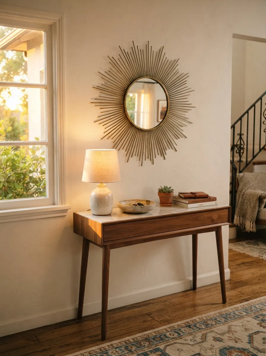 Sunburst Mirror Above a Console Table