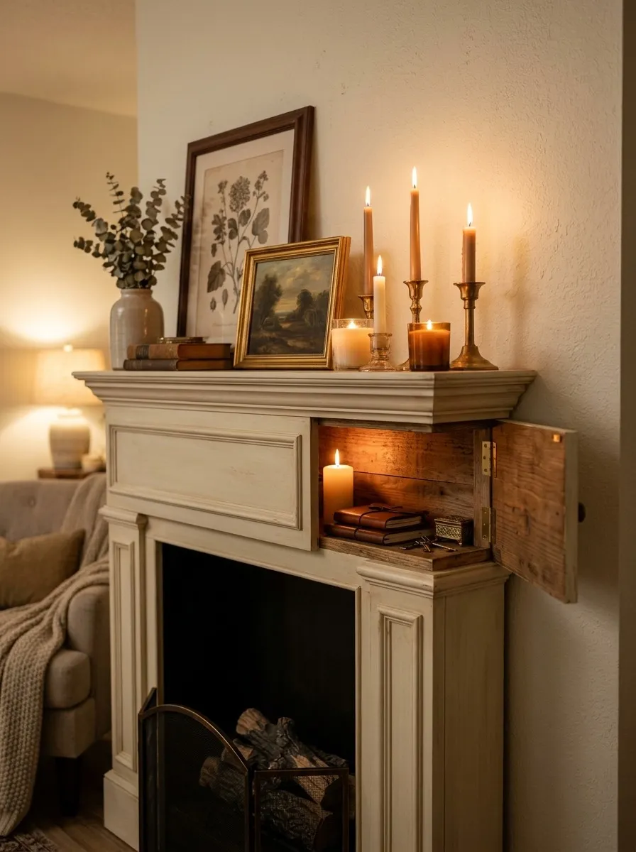 ake Fireplace Front Hiding a Storage Room