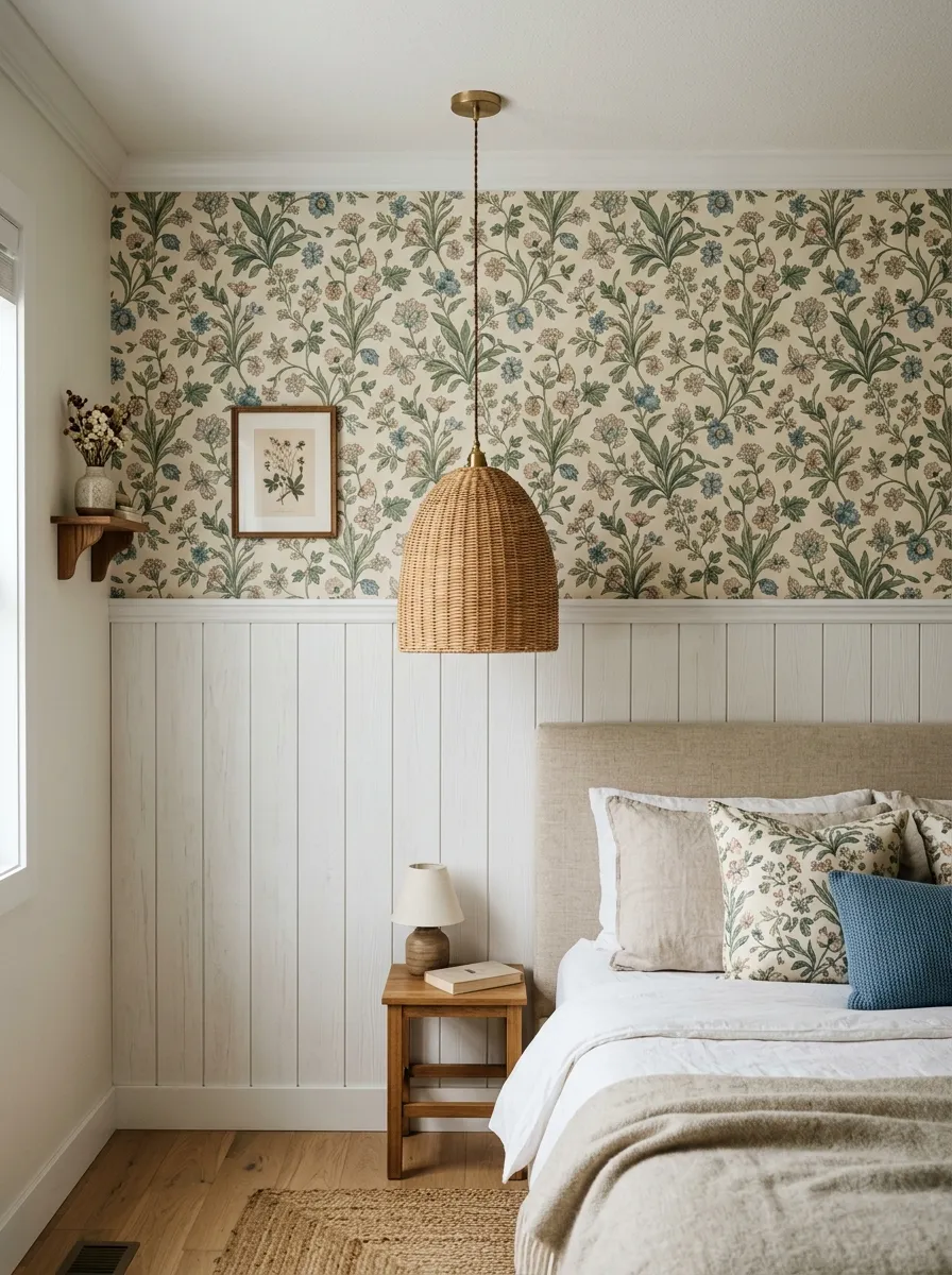 [Image Prompt: A photograph of a bedroom wall with white wood paneling on the lower half and floral wallpaper on the upper half, a woven pendant light hanging nearby, soft natural light, captured on a high end camera with rich detail.]