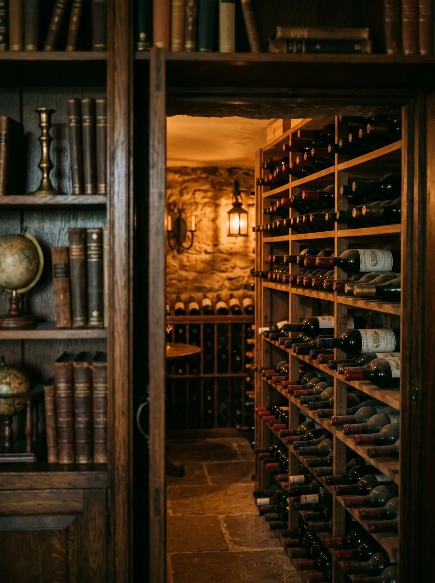 Hidden Wine Cellar Behind a Bookcase