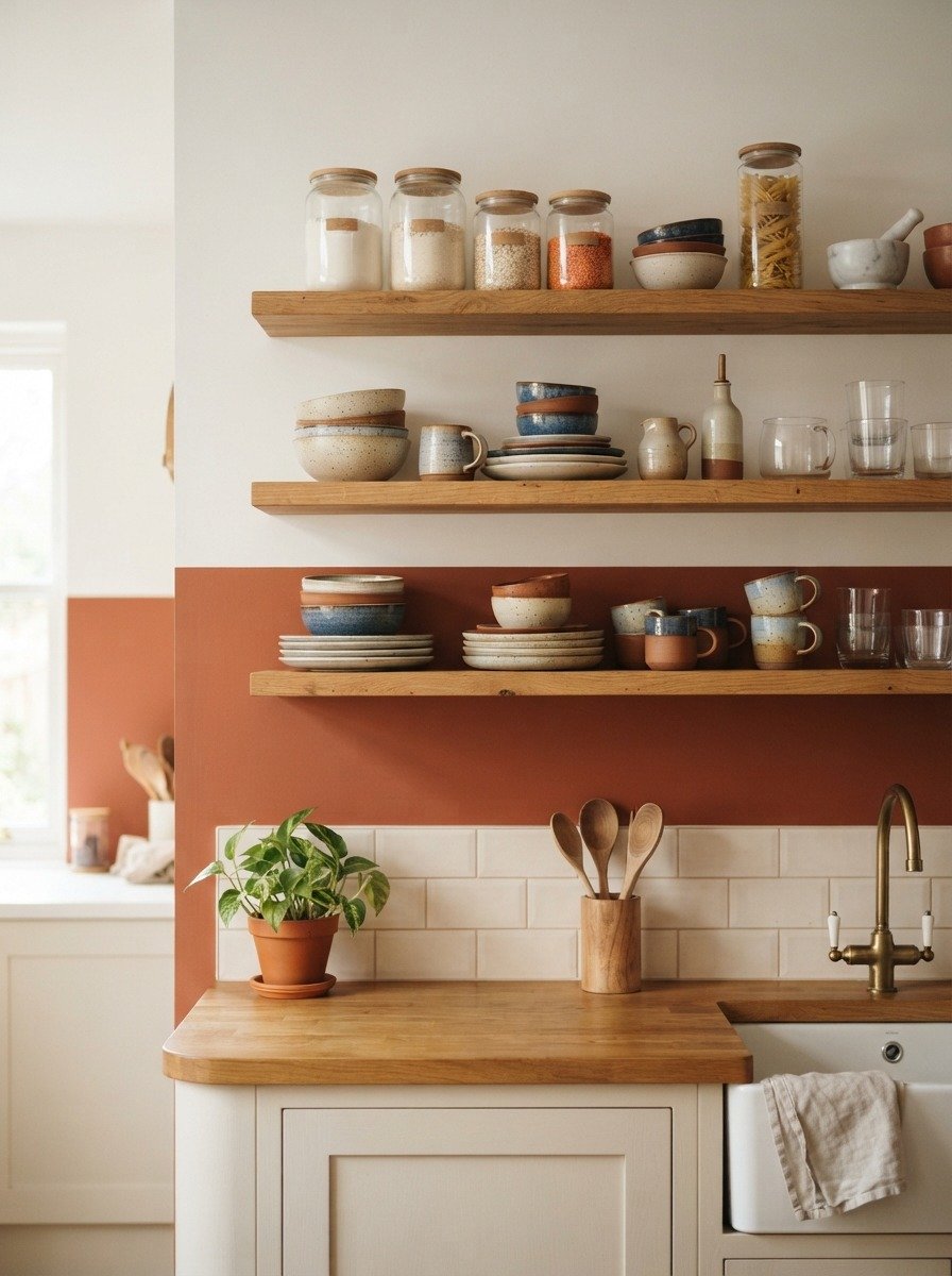 Bold Contrast Wall Behind Open Shelving