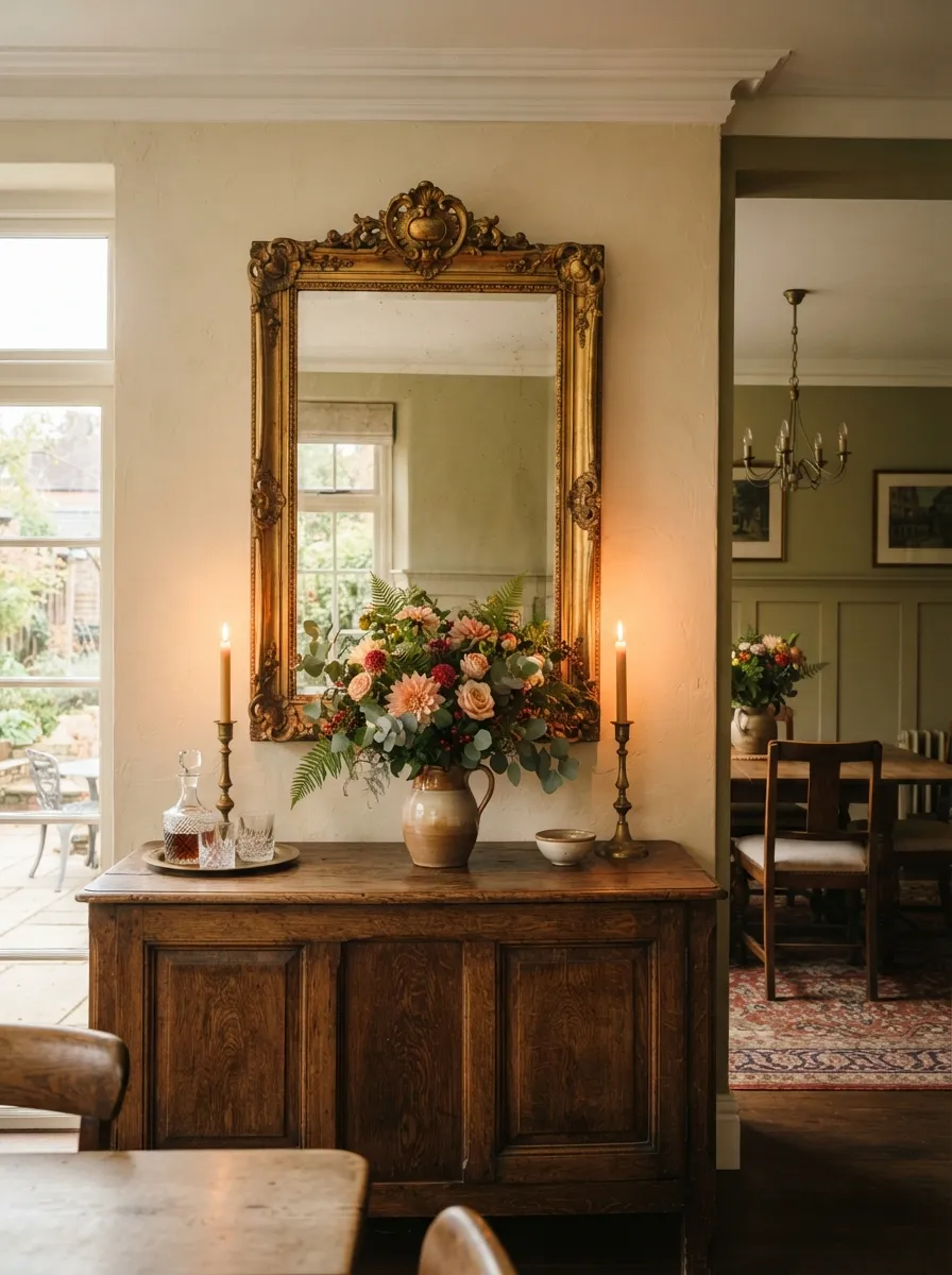 Antique Framed Mirror in a Dining Room